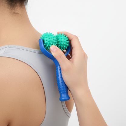 Person naturally gripping blue spiky massage roller on back